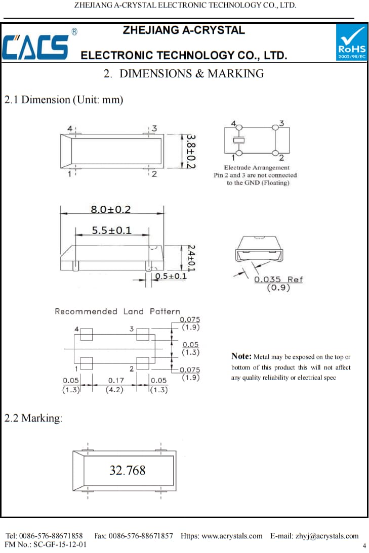  PMX206 / 8.0*3.8*2.5 / 32.768K